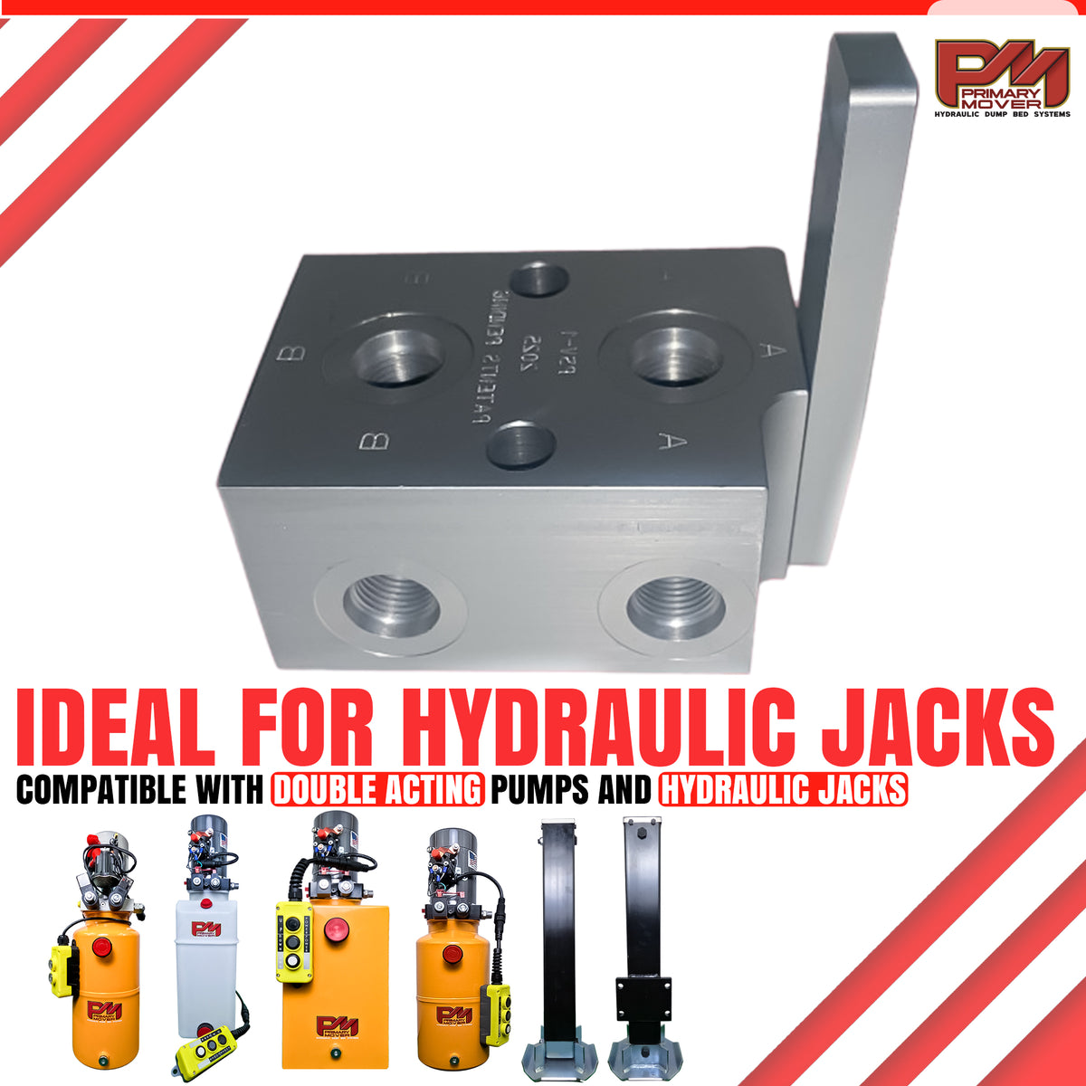 Hydraulic Manual Selector Ball Valve with metal block, screws, and ports for converting a single-circuit hydraulic pump to dual-circuit functionality.