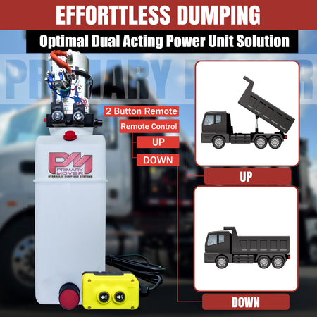 KTI 24Vdc Double Acting Hydraulic Power Unit with Poly Reservoirs, suitable for dump trucks and trailers, featuring a compact, durable design and a powerful 24Vdc motor.