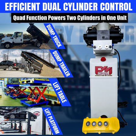 Compact and powerful Primary Mover 12V Dual Double-Acting Hydraulic Power Unit for dump trailers and trucks, enabling four hydraulic actions simultaneously.