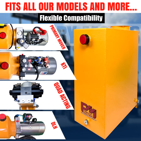 Hydraulic Power Unit Replacement Reservoir 24 Quart Steel features a yellow machine with red buttons, close-up details, and robust steel construction for various hydraulic applications.