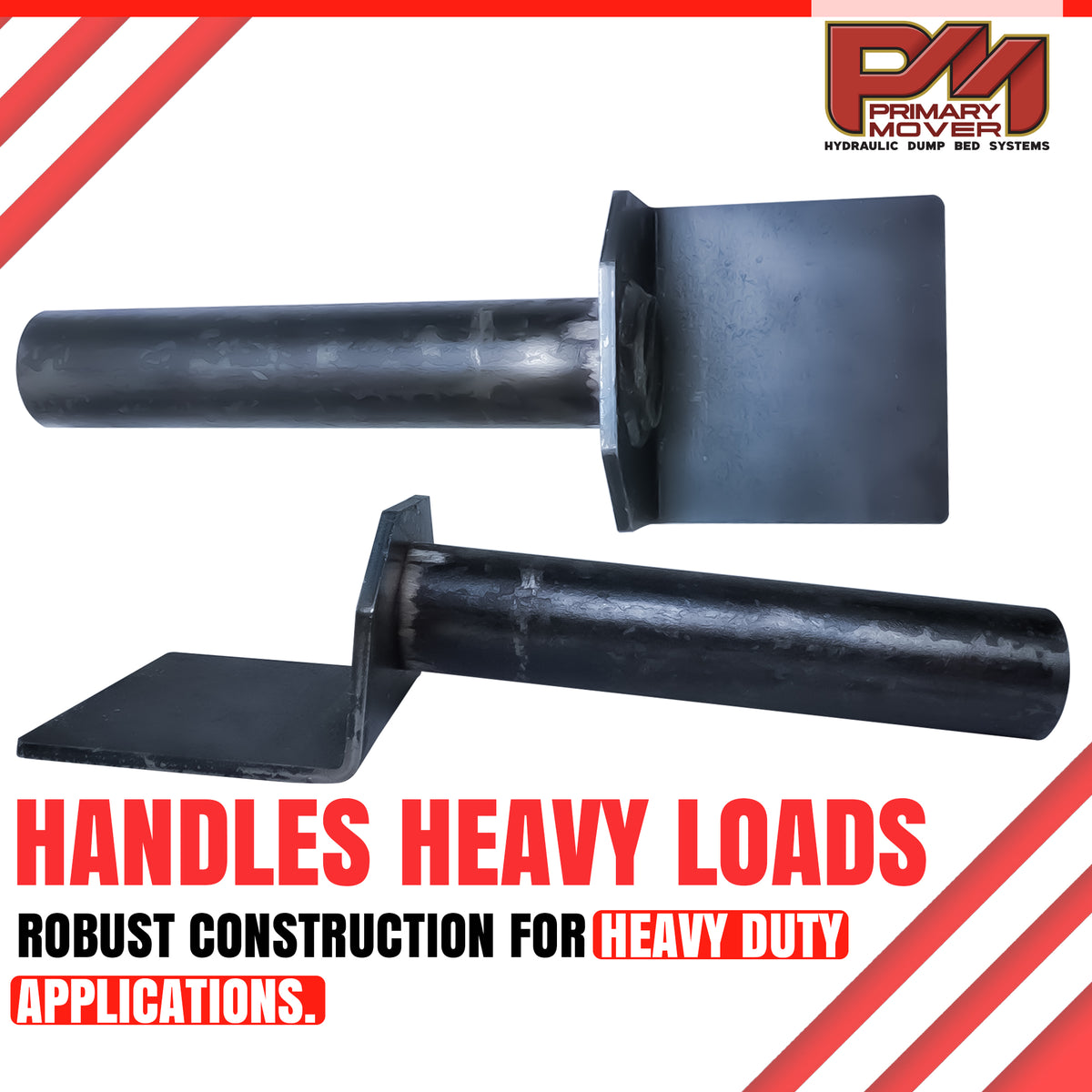 Hoist Hardware 500 Series Dump Bed Kit Saddles (Lower), showcasing durable metal handles, engineered for hydraulic truck and trailer systems to ensure stable and efficient performance.