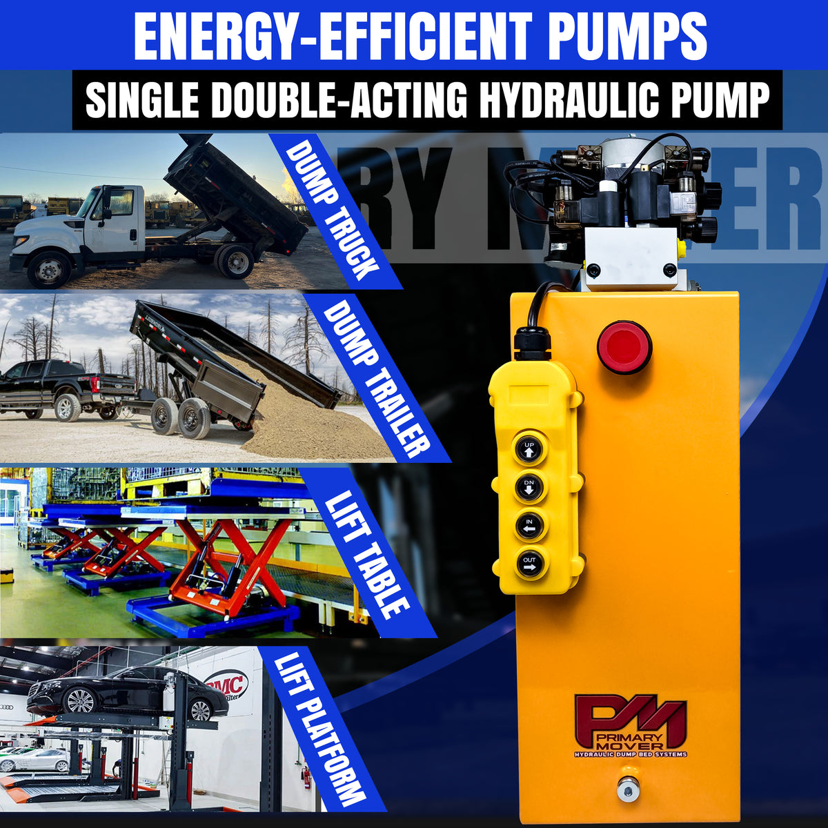 Primary Mover 12Vdc Single Double Pump featuring a yellow hydraulic machine with control buttons, designed for versatile single-acting and dual-acting hydraulic applications.