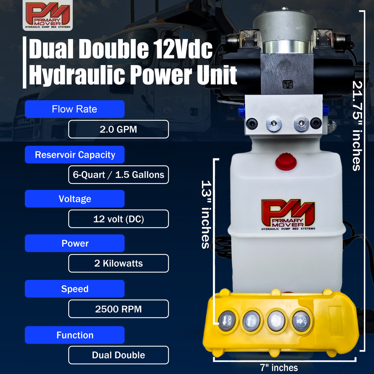 Primary Mover 12V Dual Double-Acting Hydraulic Dump Trailer Pump (Poly) featuring a white and yellow design with buttons and a logo on its surface.