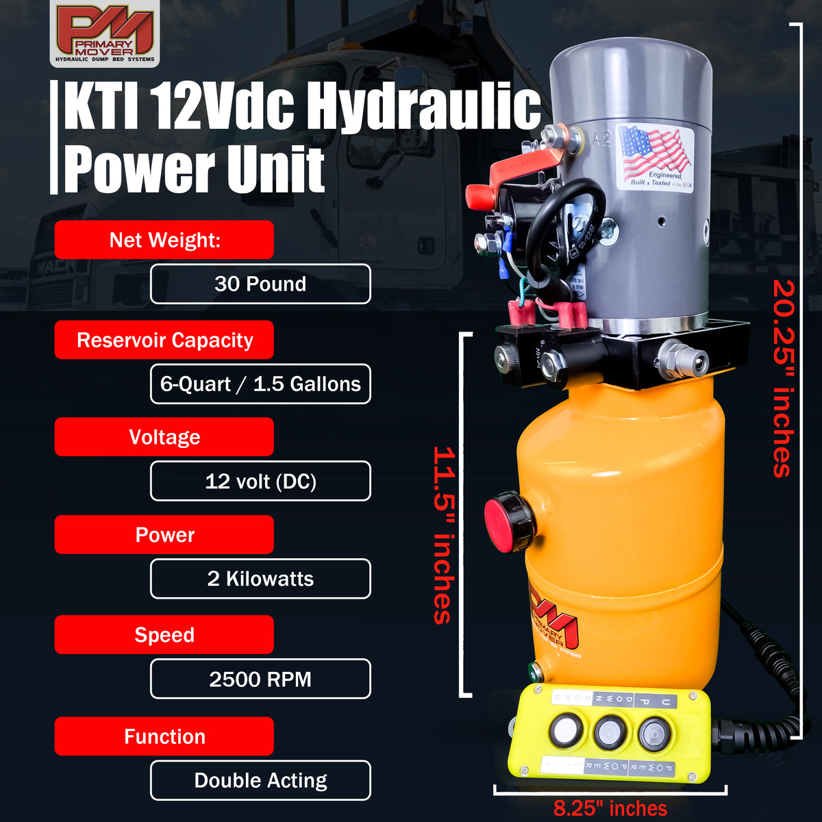 KTI 12V Double-Acting Hydraulic Pump - Steel Reservoir with red and black buttons and a rugged, compact design for heavy-duty hydraulic dump bed systems.