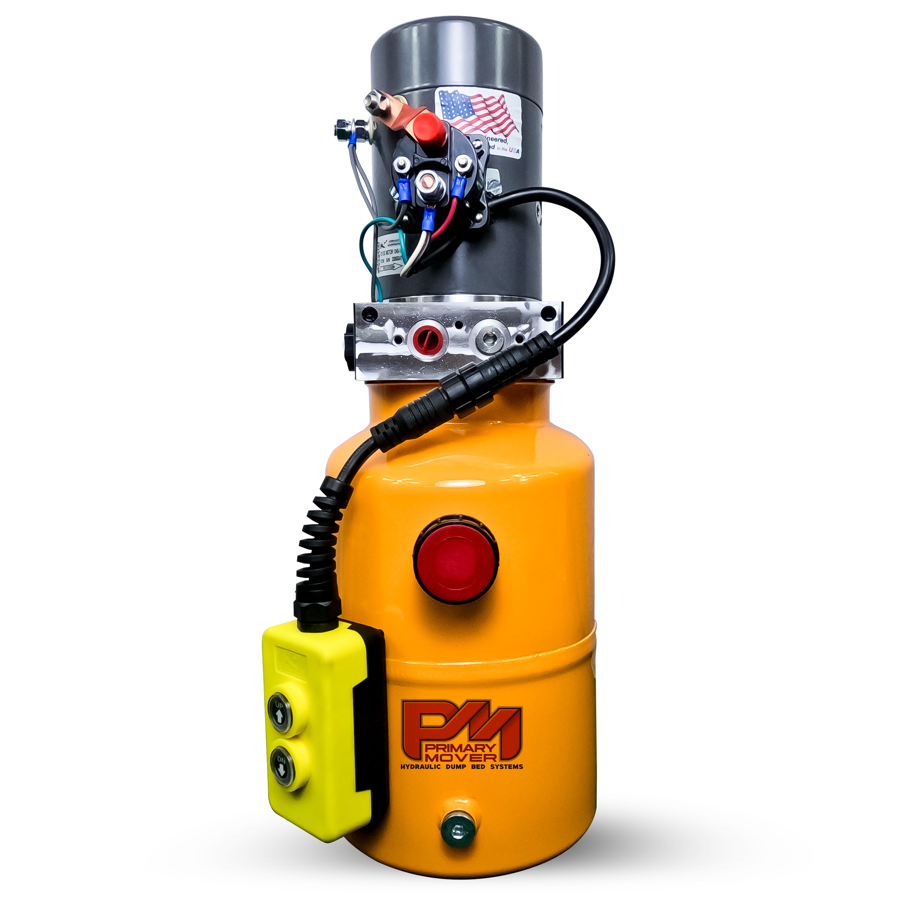 KTI 12V Single-Acting Hydraulic Pump with a steel reservoir, featuring a red button and black wires, designed for efficient dump bed system operations.