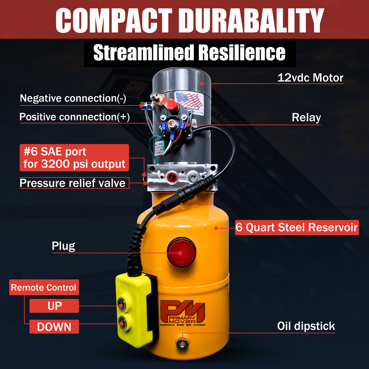 KTI 12V Single-Acting Hydraulic Pump - Steel Reservoir with visible control buttons and various operational signs, designed for hydraulic dump bed systems.