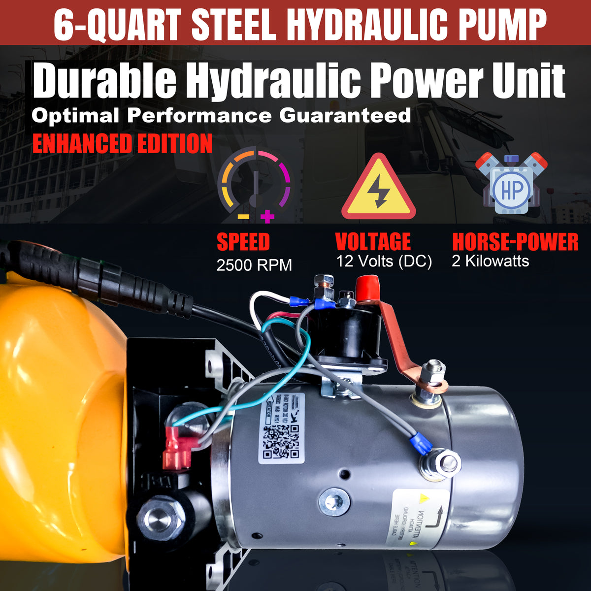 KTI 12V Single-Acting Hydraulic Pump with steel reservoir, featuring a compact design, red cap, QR code, and yellow warning symbol for efficient dump bed systems.