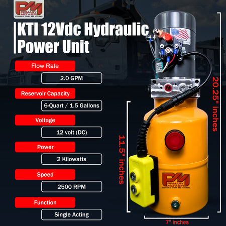 KTI 12V Single-Acting Hydraulic Pump - Steel Reservoir with red buttons, optimized for hydraulic dump bed systems, featuring a compact design and durable construction.