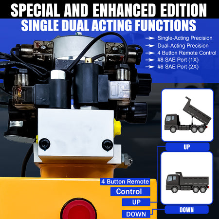 Primary Mover 12Vdc Single Double Pump close-up, showcasing the robust hydraulic components designed for versatile single and dual-acting functions in various applications.