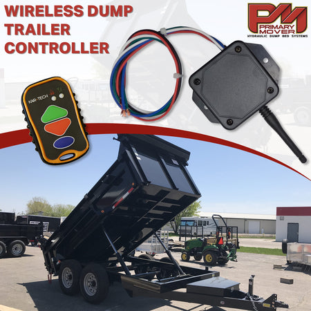 Kar-Tech Wireless Remote System: A trailer equipped with a wireless remote control for hydraulic pumps, featuring buttons, wires, and a screen for easy operation from up to 300 feet away.