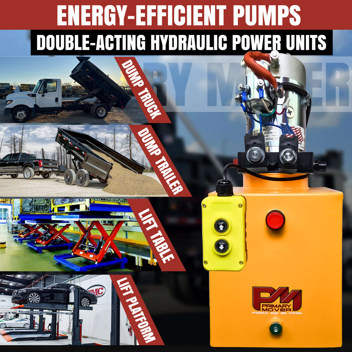 KTI 24Vdc Double Acting Hydraulic Power Unit with visible steel reservoirs and a prominent red button on the yellow machine.