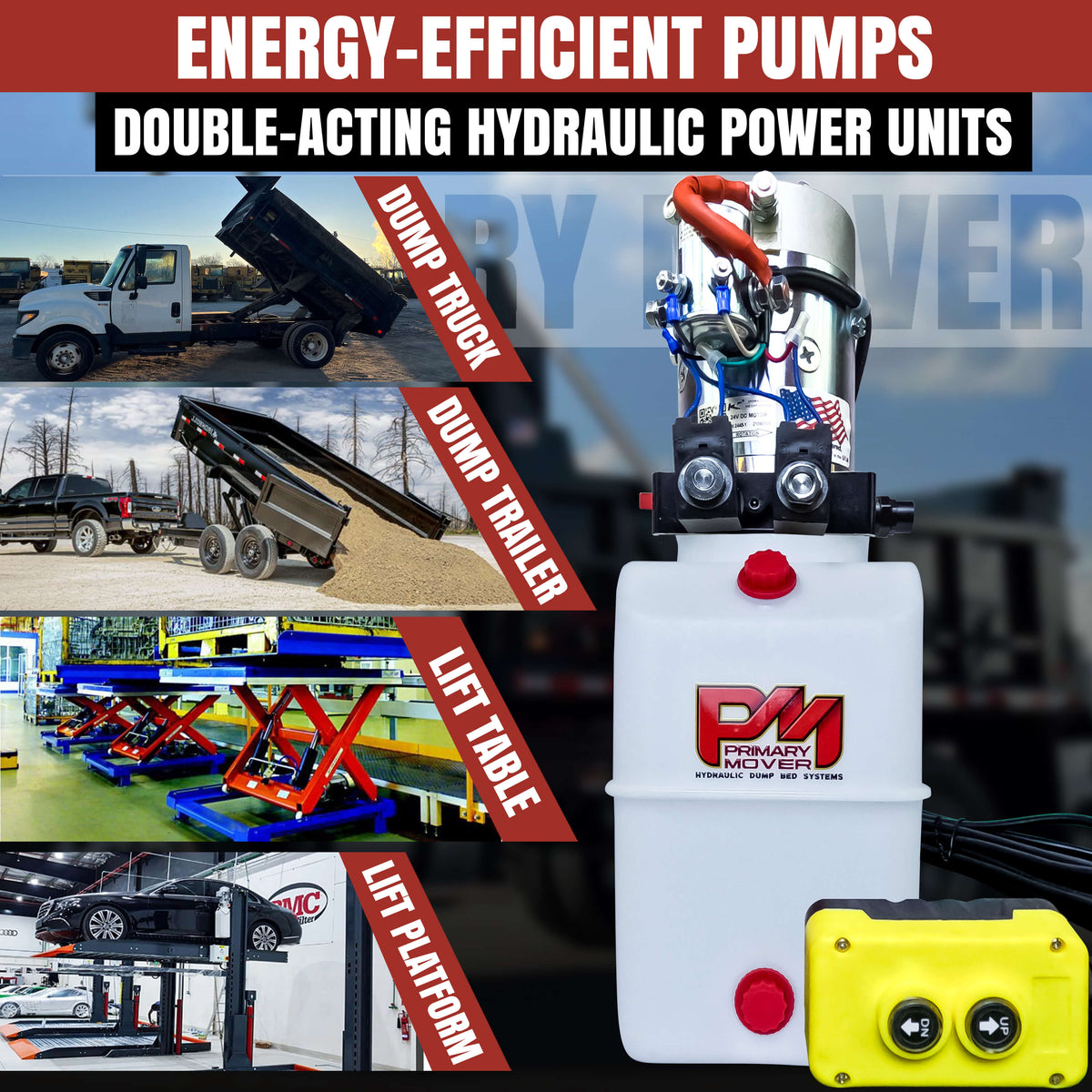 KTI 24Vdc Double Acting Hydraulic Power Unit with poly reservoirs, shown in a detailed collage, highlighting its compact, durable design and essential components for hydraulic systems.