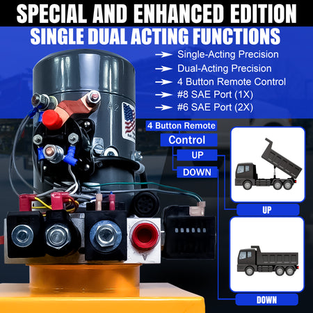 KTI 12vdc Single/Double Hydraulic Power Unit close-up, showcasing its robust build and versatile components for single-acting and double-acting hydraulic applications.