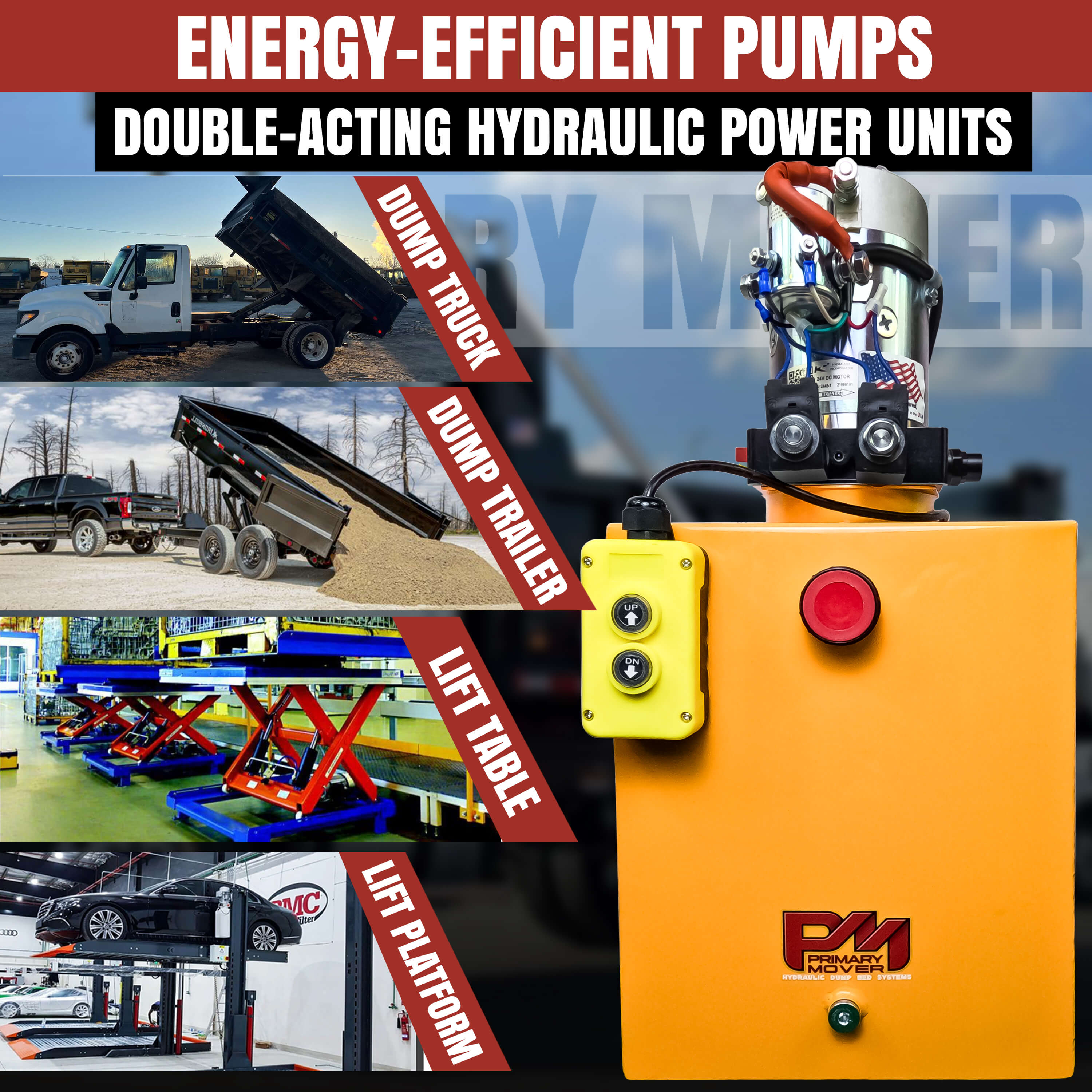 KTI 24Vdc Double Acting Hydraulic Power Unit with steel reservoirs, featuring a yellow box and red buttons for control.