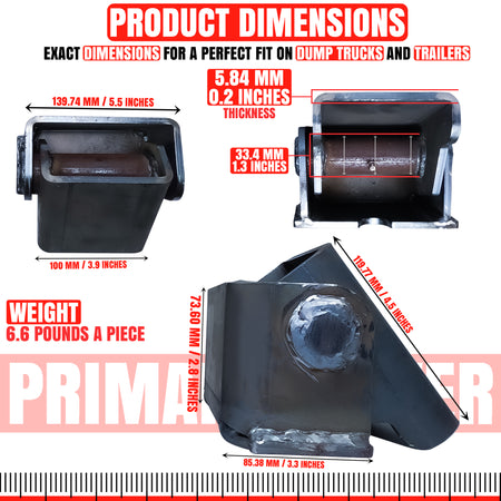 Prime Mover Standard Hinge, shown as a durable, non-powder coated metal hinge, designed for welding and installation in hydraulic dump bed kits.