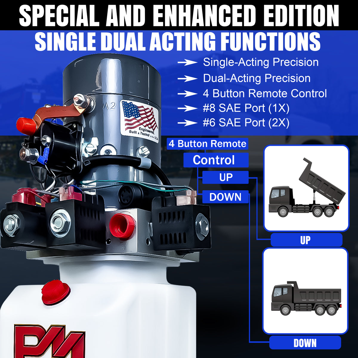 KTI 12Vdc Single/Double Hydraulic Power Unit: A white container with a silver cylinder and red buttons, designed for versatile hydraulic applications in single-acting dump trailers.