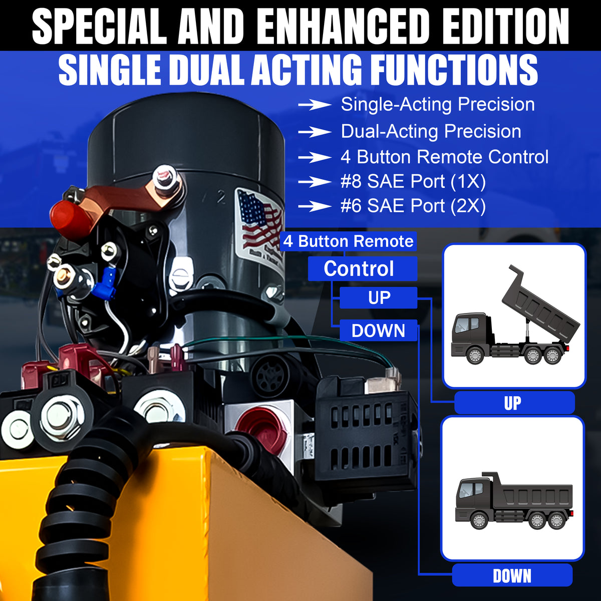 KTI 12Vdc Single/Double Hydraulic Power Unit featuring a black cylindrical component and visible hardware parts designed for versatile hydraulic applications.