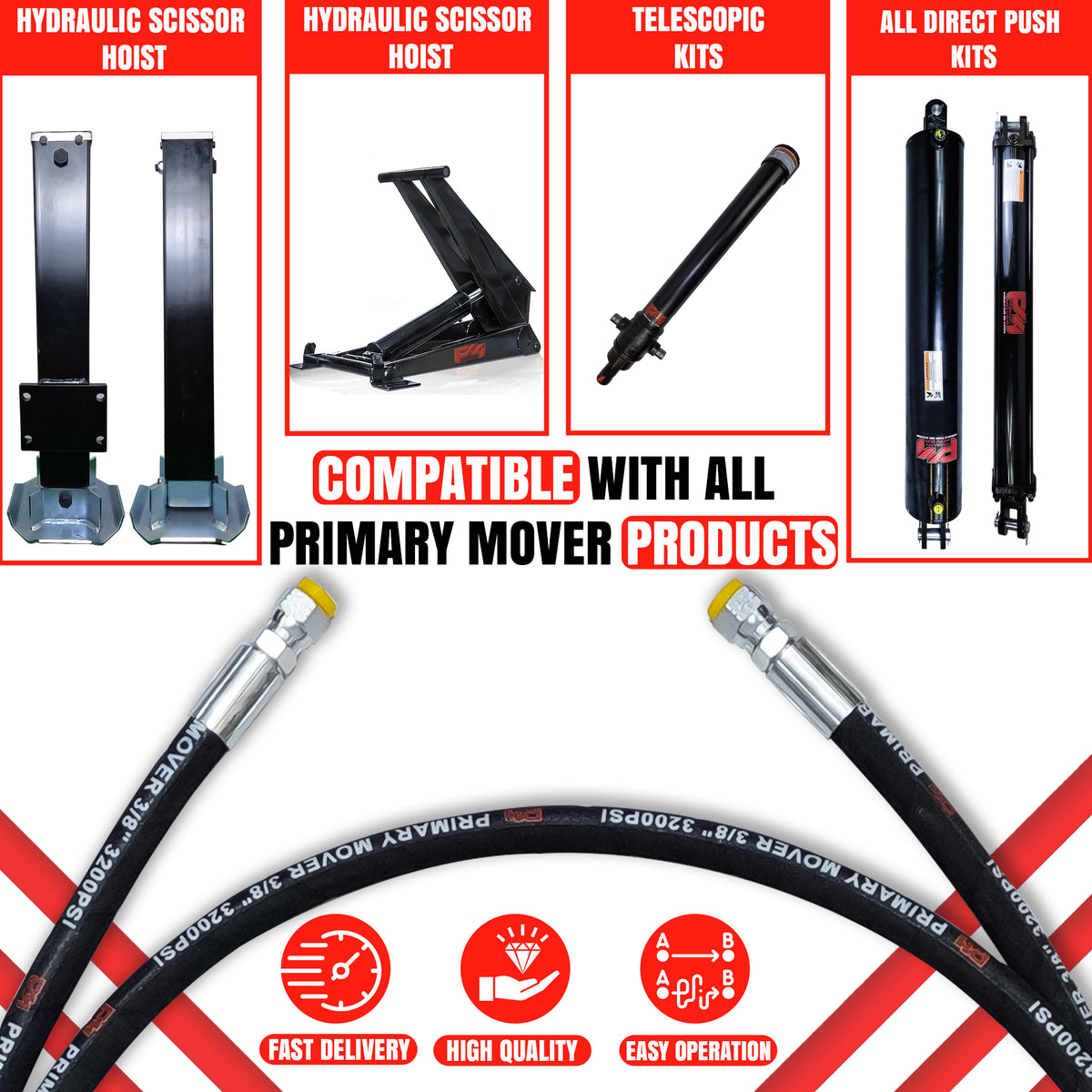 120'' 3/8 Hydraulic Hose with two straight ends, shown in a collage, featuring black metal connectors and fitting tips, compatible with Single or Double Acting Pumps.