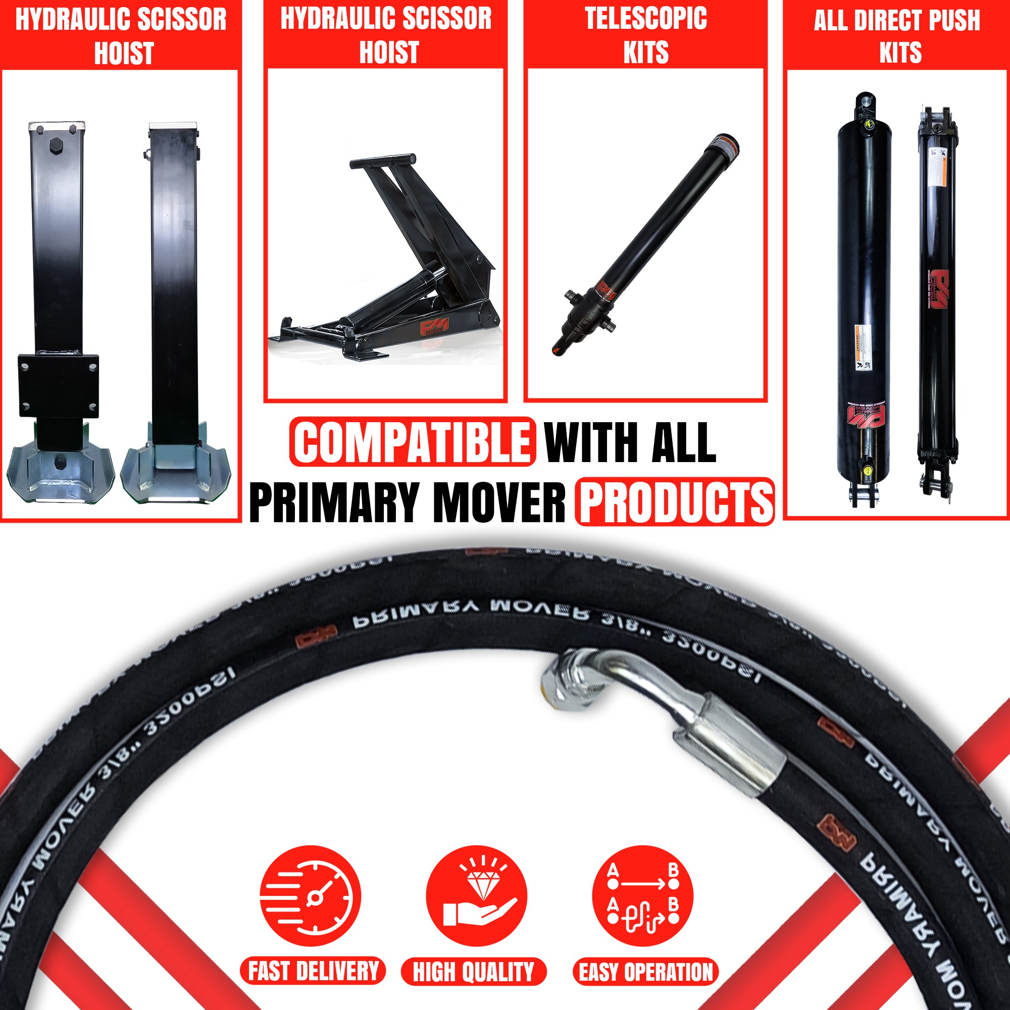 Collage of various hydraulic parts, highlighting a 120'' 3/8 Hydraulic Hose with one straight and one 90-degree female swivel fitting, ideal for hydraulic pumps.