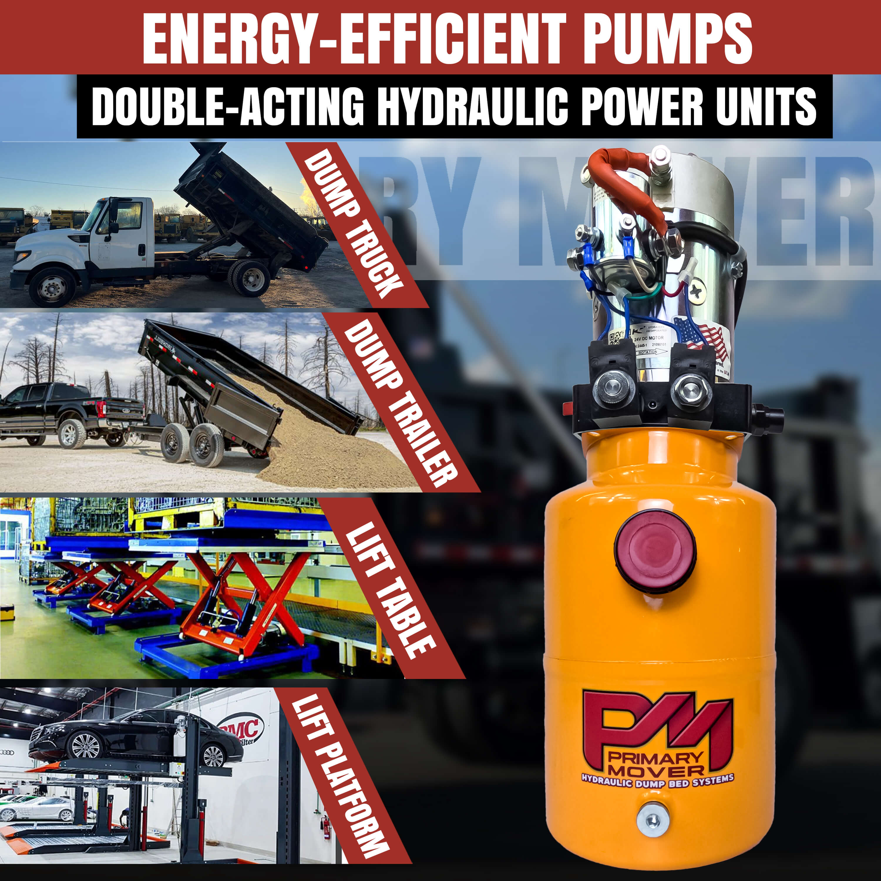 KTI 24Vdc Double Acting Hydraulic Power Unit with Steel Reservoirs, featuring a yellow pump and red text, close-up of the unit's components.