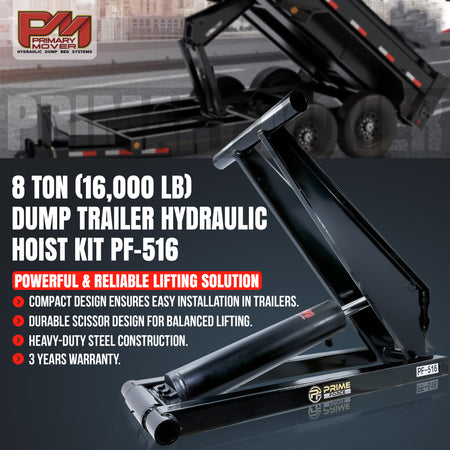 Hydraulic Scissor Hoist Kit - 8 Ton Capacity, features black metal components, including mounting brackets and hydraulic hoses, suited for 10-14' dump bodies.