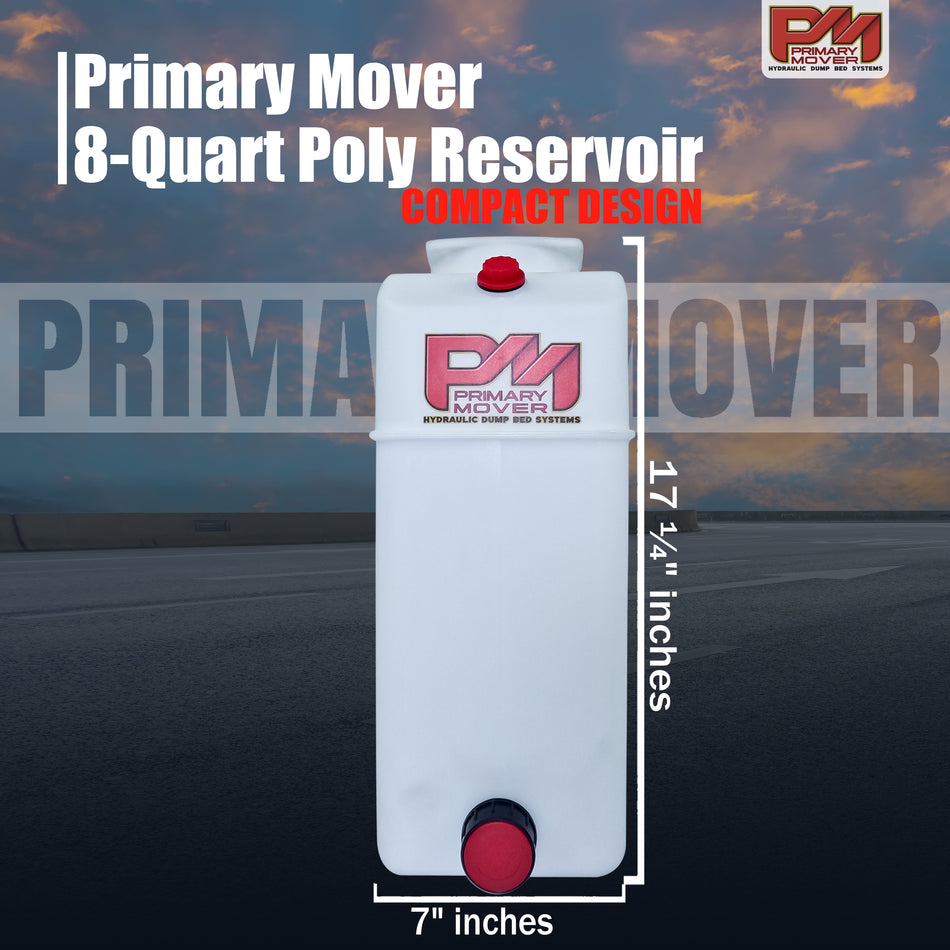 8 Quart Poly Hydraulic Reservoir Tank with plug and breather caps, ideal for various hydraulic applications like dump trailers and lift gates. Dimensions: 17.25 L x 7 W x 8.0 H.