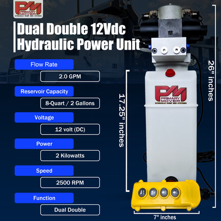 Primary Mover 12V Dual Double-Acting Hydraulic Dump Trailer Pump (Poly) with user-friendly controls and compact design, ideal for versatile hydraulic applications in dump trailers and trucks.