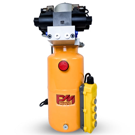 Compact and powerful Primary Mover 12V Dual Double-Acting Hydraulic Power Unit with quad power capability for dump trailers and trucks, ensuring reliable and efficient hydraulic operations. Used for any truck or trailer application. 1/2 ton truck dump bed