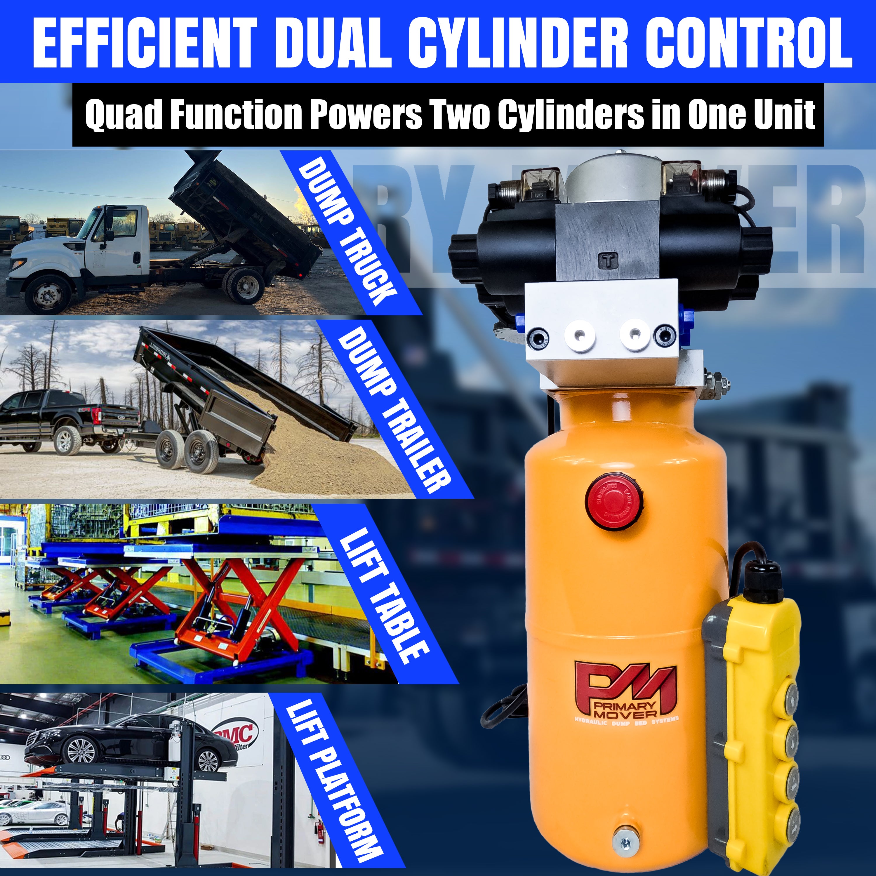 Primary Mover 12V Dual Double-Acting Hydraulic Power Unit: Compact, efficient steel unit for dump trailers and trucks, enabling four hydraulic actions simultaneously. Used for any truck or trailer application. 1/2 ton truck dump bed kit.