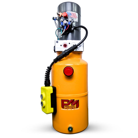 KTI 12V Single-Acting Hydraulic Pump with steel reservoir, featuring a red button, black cable, and compact design for hydraulic dump bed systems.
