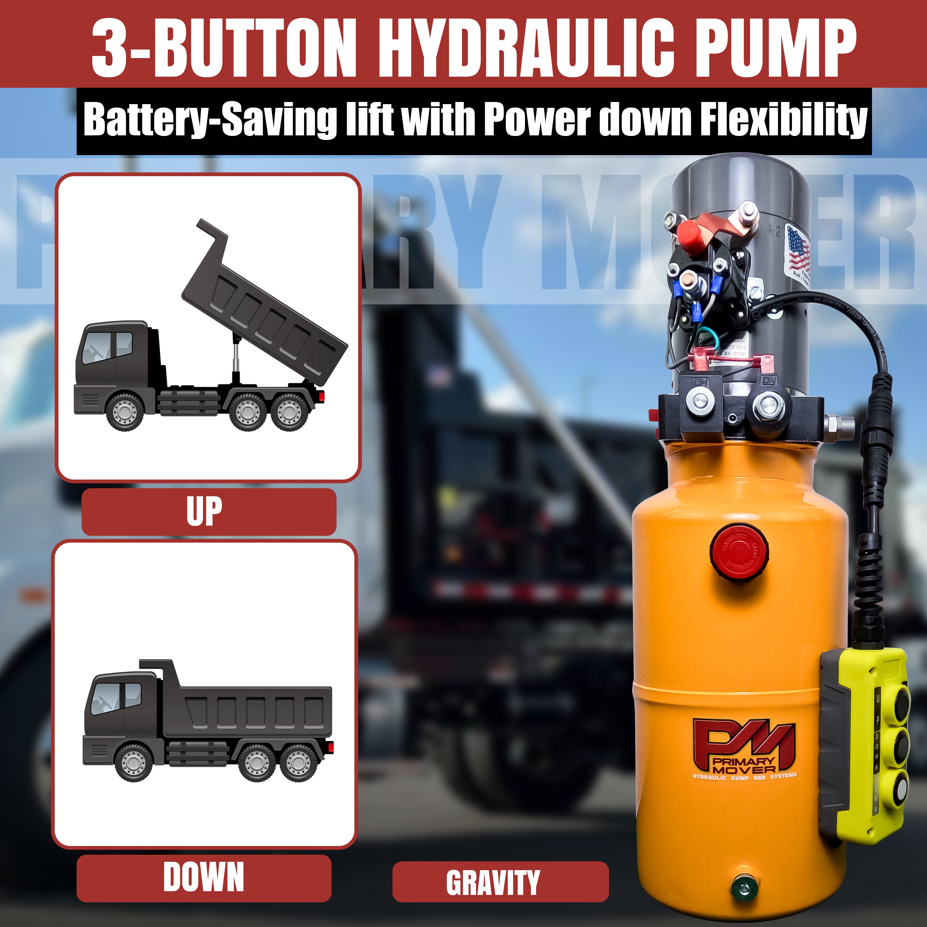 KTI 12V Double-Acting Hydraulic Pump with Steel Reservoir, featuring a robust, compact design and visible control buttons for efficient hydraulic dump bed systems.