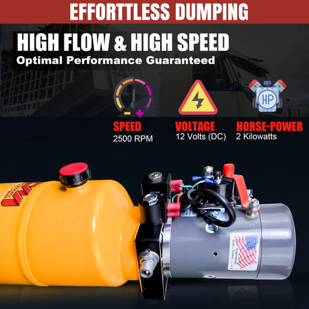 KTI 12V Double-Acting Hydraulic Pump - Steel Reservoir with red buttons, colorful gauge, and black lightning bolt symbol, ideal for hydraulic dump bed systems.