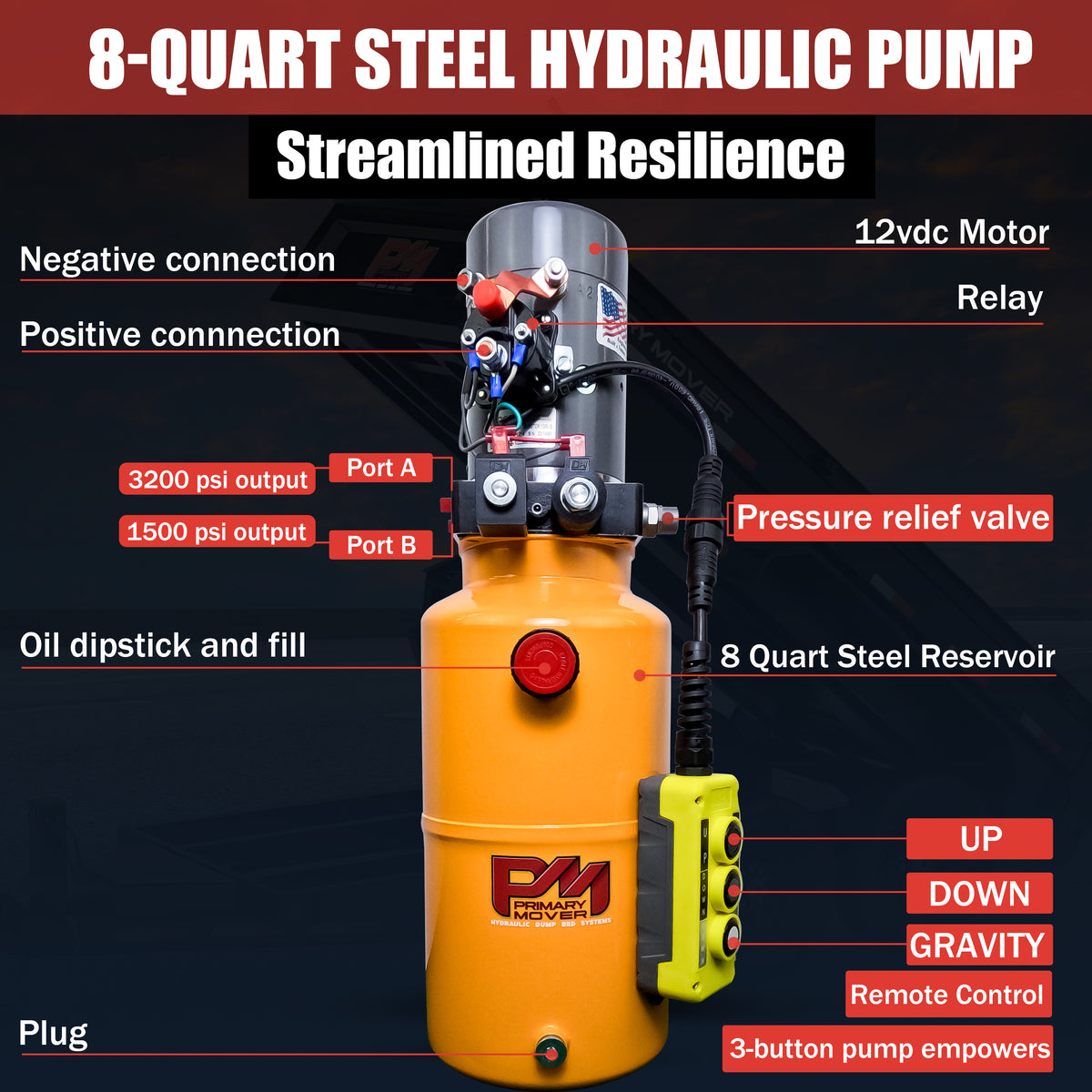 KTI 12V Double-Acting Hydraulic Pump - Steel Reservoir, featuring a yellow and silver cylinder with a red button, compact design for efficient hydraulic systems.