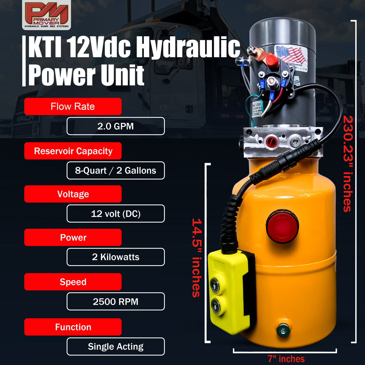 KTI 12V Single-Acting Hydraulic Pump with steel reservoir, featuring a compact yellow and silver design, red buttons, and optimized for hydraulic dump bed systems.