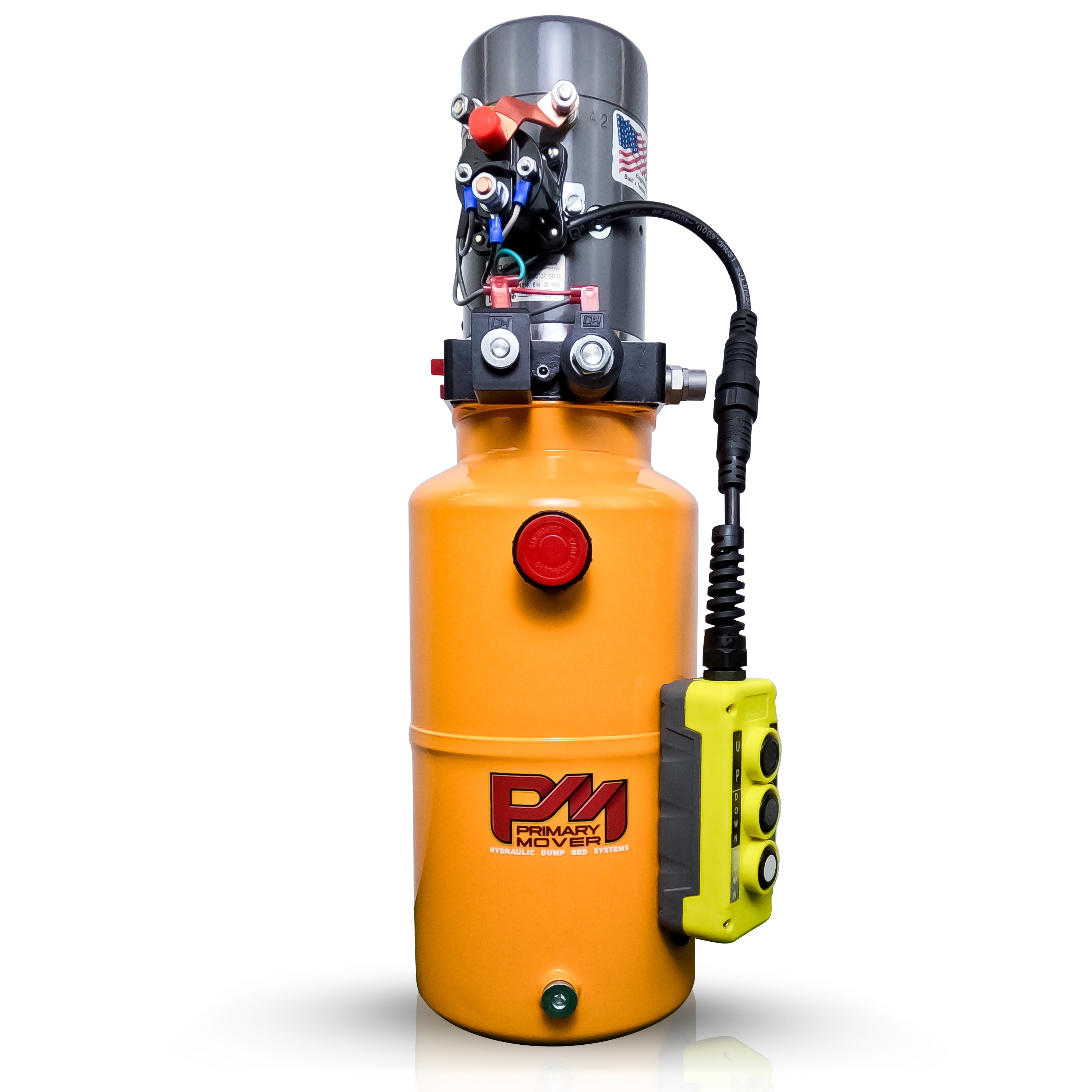 KTI 12V Double-Acting Hydraulic Pump with Steel Reservoir, featuring a yellow and grey cylindrical body and a prominent red button for efficient hydraulic system operation.