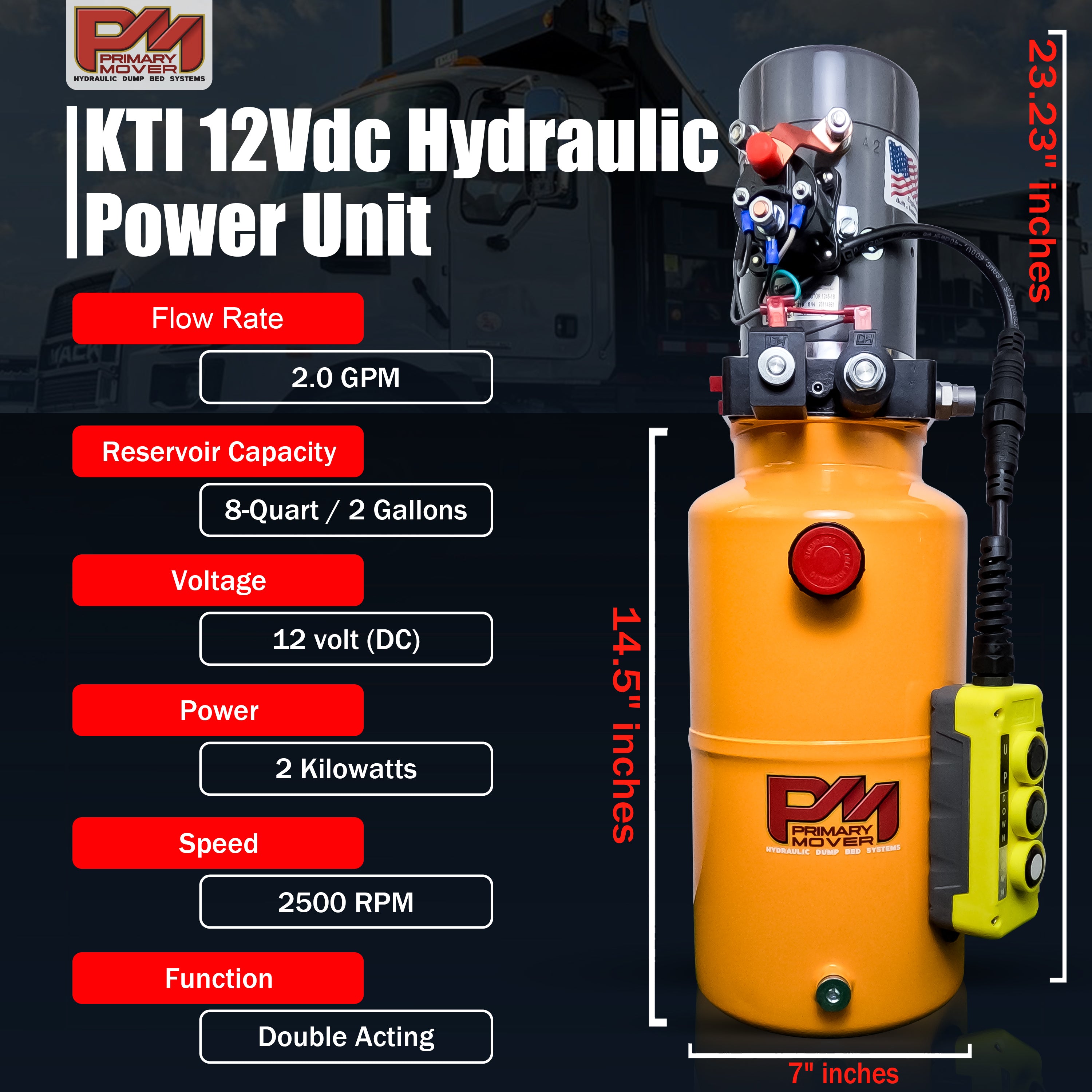 KTI 12V Double-Acting Hydraulic Pump with steel reservoir, featuring red buttons and black rim, ideal for efficient hydraulic dump bed systems.