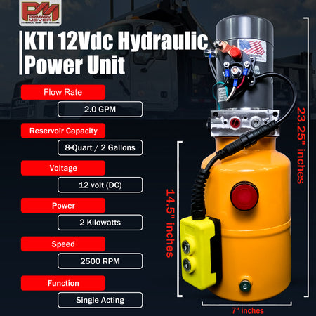 Primary Mover 12V Single-Acting Hydraulic Pump with steel reservoir, featuring yellow and silver body, red buttons, and high flow functionality for dump bed systems.