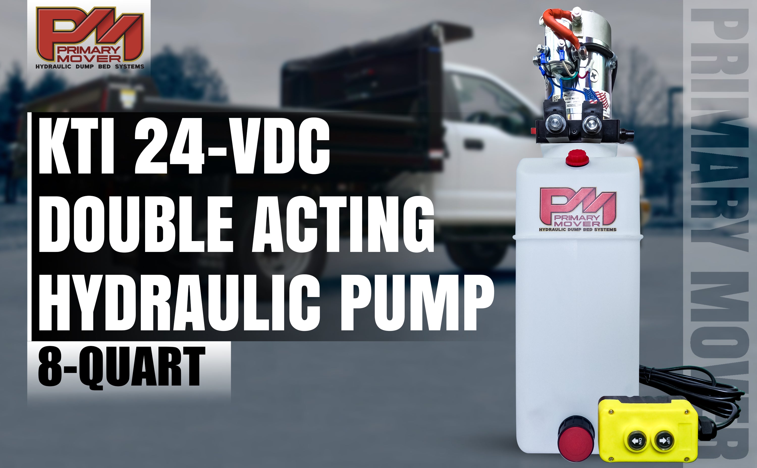 KTI 24Vdc Double Acting Hydraulic Power Unit with poly reservoir, featuring a compact design and red and yellow control buttons for efficient hydraulic operations.