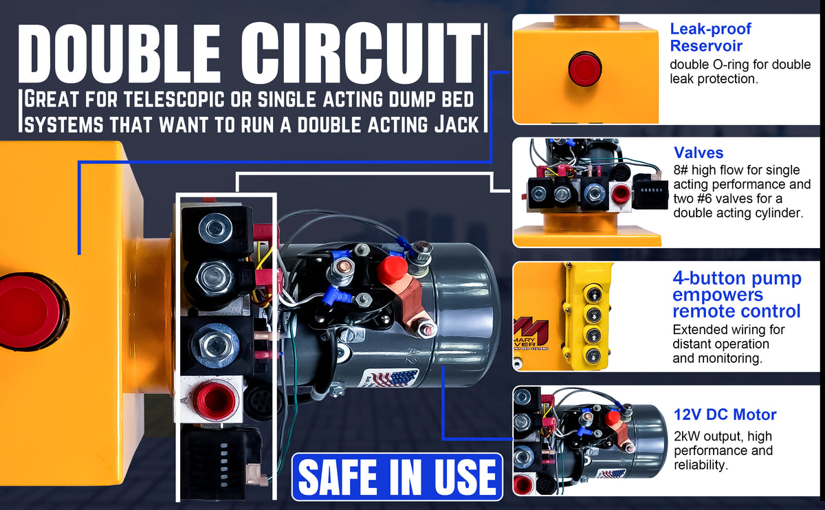 Close-up of the KTI 12vdc Single/Double Hydraulic Power Unit, highlighting the machine's detailed components and a red button on the yellow casing.