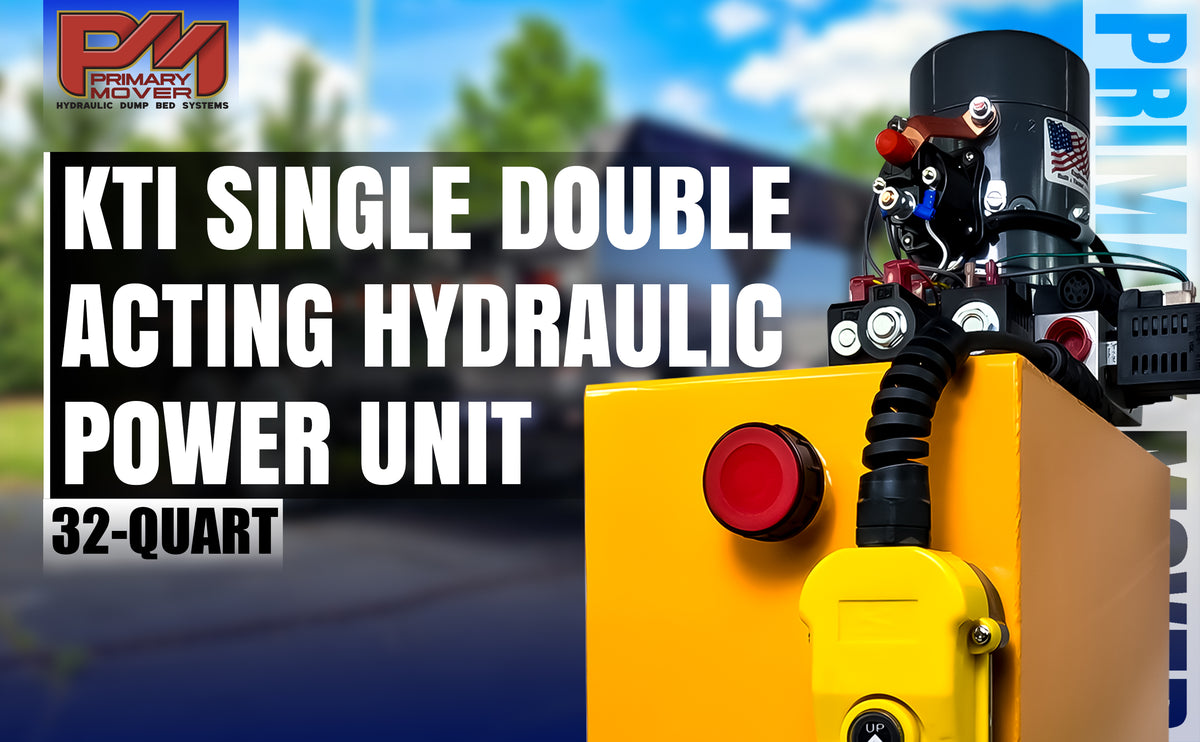 KTI 12vdc Single/Double Hydraulic Power Unit with red buttons and black cylinder, ideal for versatile hydraulic applications in dump trailers.