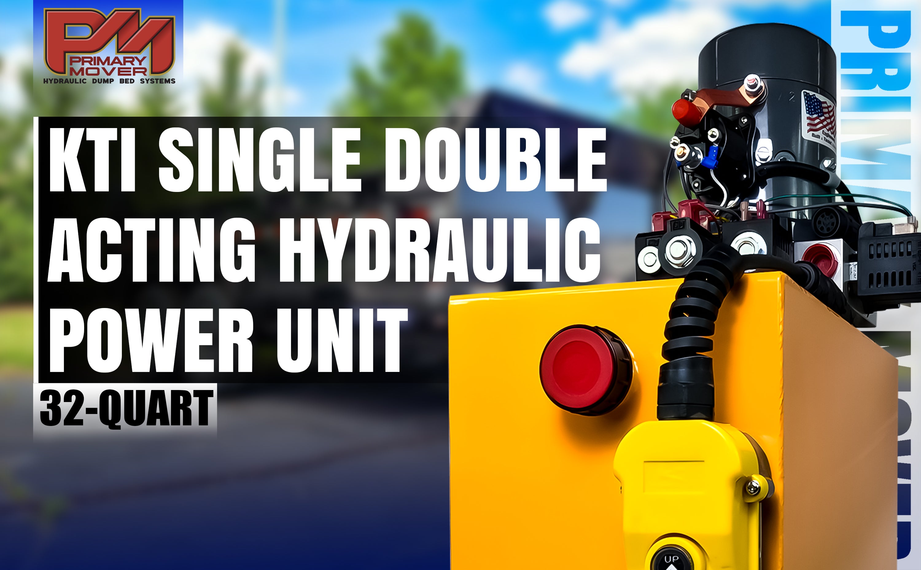 KTI 12vdc Single/Double Hydraulic Power Unit with red buttons and black cylinder, ideal for versatile hydraulic applications in dump trailers.