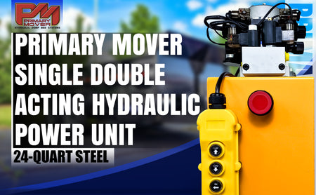 Primary Mover 12Vdc Single Double Pump, featuring a yellow and red machine with buttons, designed for versatile and efficient hydraulic applications.