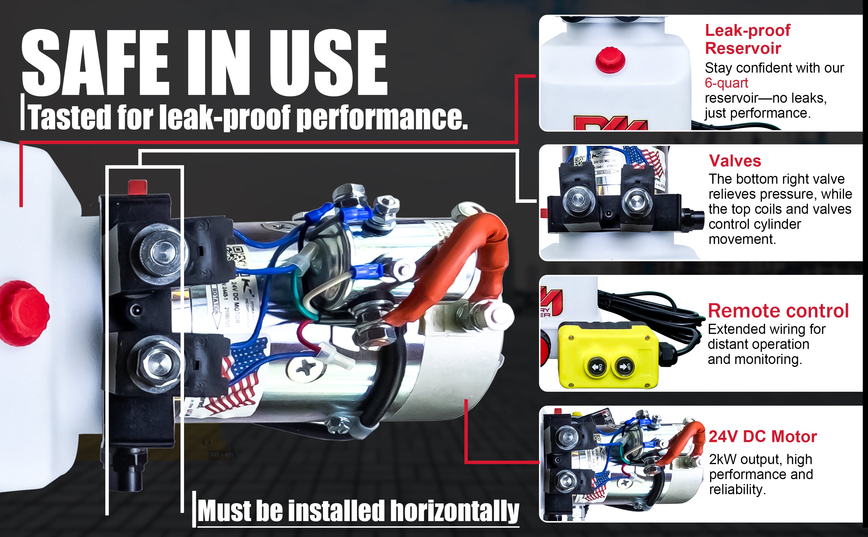 KTI 24Vdc Double Acting Hydraulic Power Unit with poly reservoirs, showcasing its compact design, robust motor, and dual hydraulic connections for efficient heavy-duty applications.