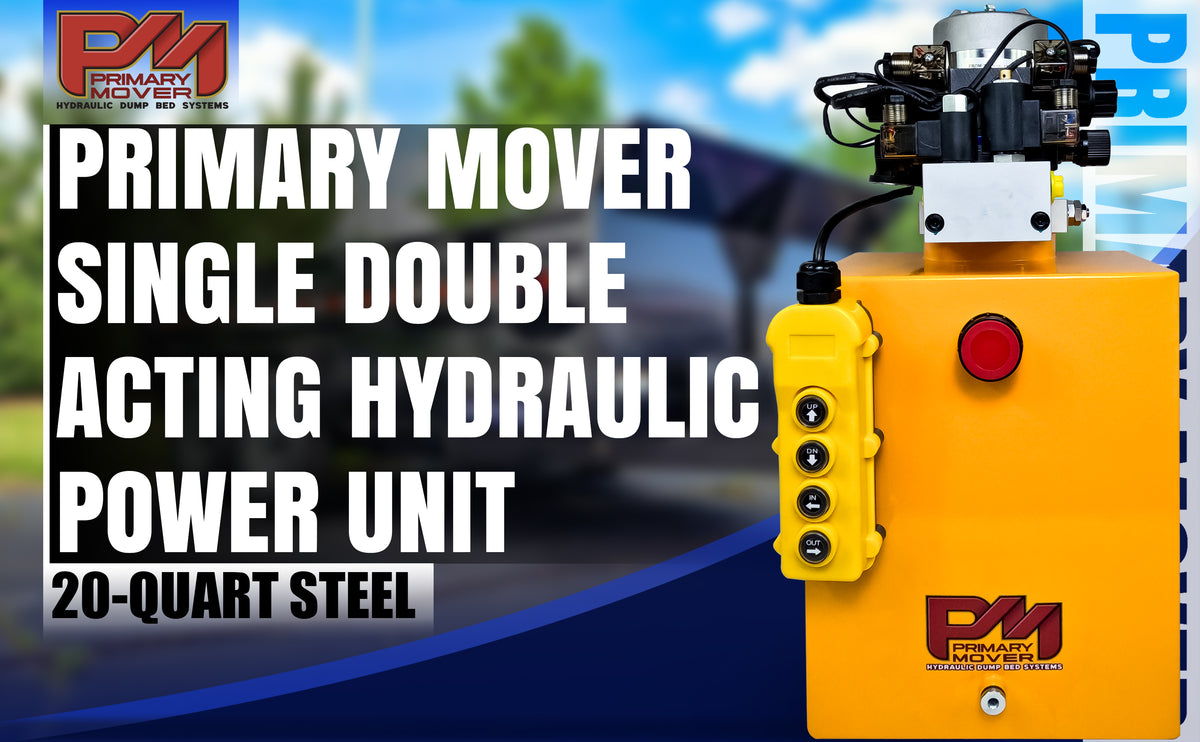 Primary Mover 12Vdc Single Double Pump, a yellow hydraulic machine with control buttons and a prominent red button, designed for versatile single and dual-acting functions.