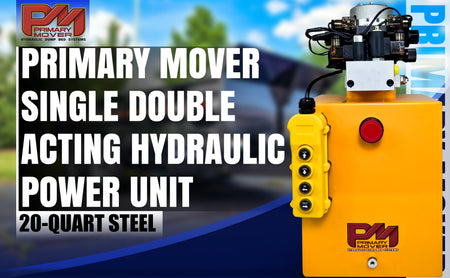 Primary Mover 12Vdc Single Double Pump, a yellow hydraulic machine with control buttons and a prominent red button, designed for versatile single and dual-acting functions.