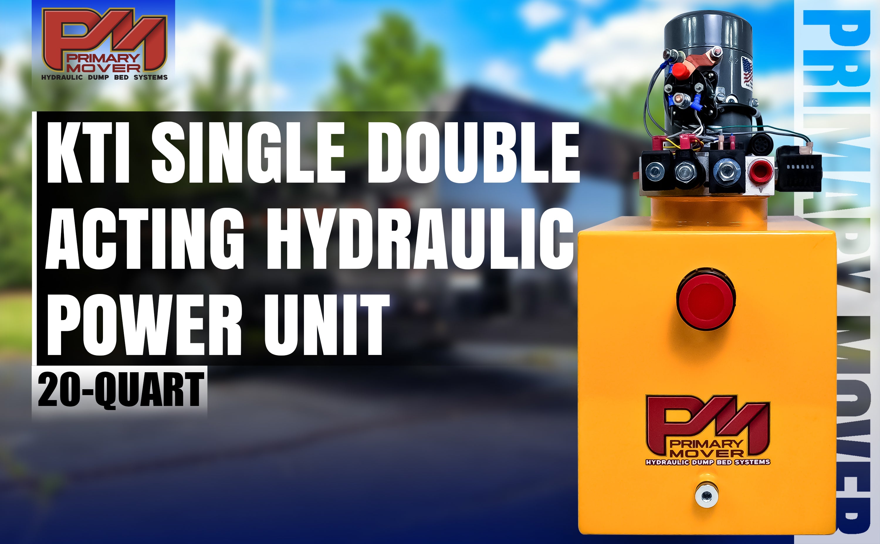 KTI 12Vdc Single/Double Hydraulic Power Unit, featuring a yellow casing with a prominent red button, designed for versatile hydraulic applications in dump trailers.