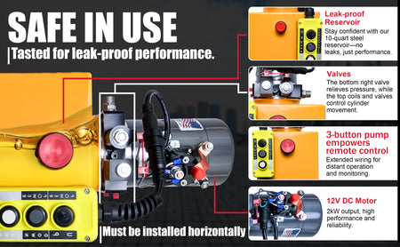 KTI 12V Double-Acting Hydraulic Pump with a steel reservoir, featuring robust construction, multiple buttons, and connectors for efficient hydraulic dump bed system operation.