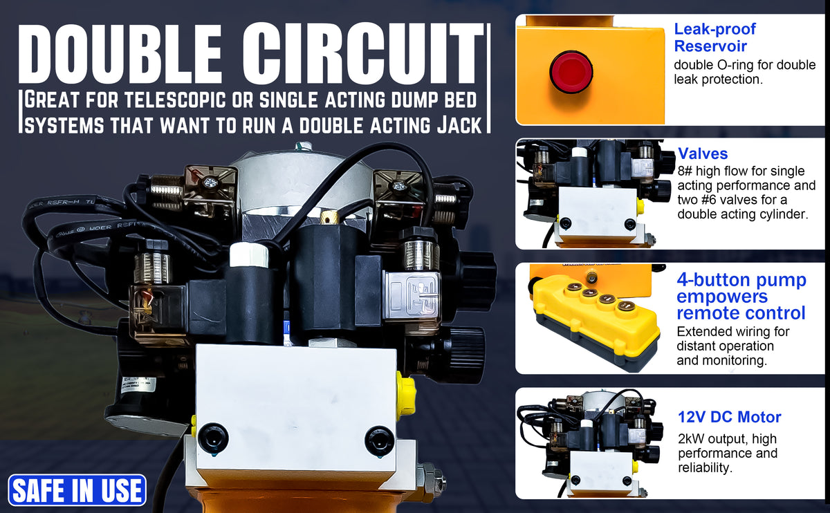 Close-up of Primary Mover 12Vdc Single Double Pump, showing a robust hydraulic machine with a red button and various control buttons for versatile hydraulic applications.