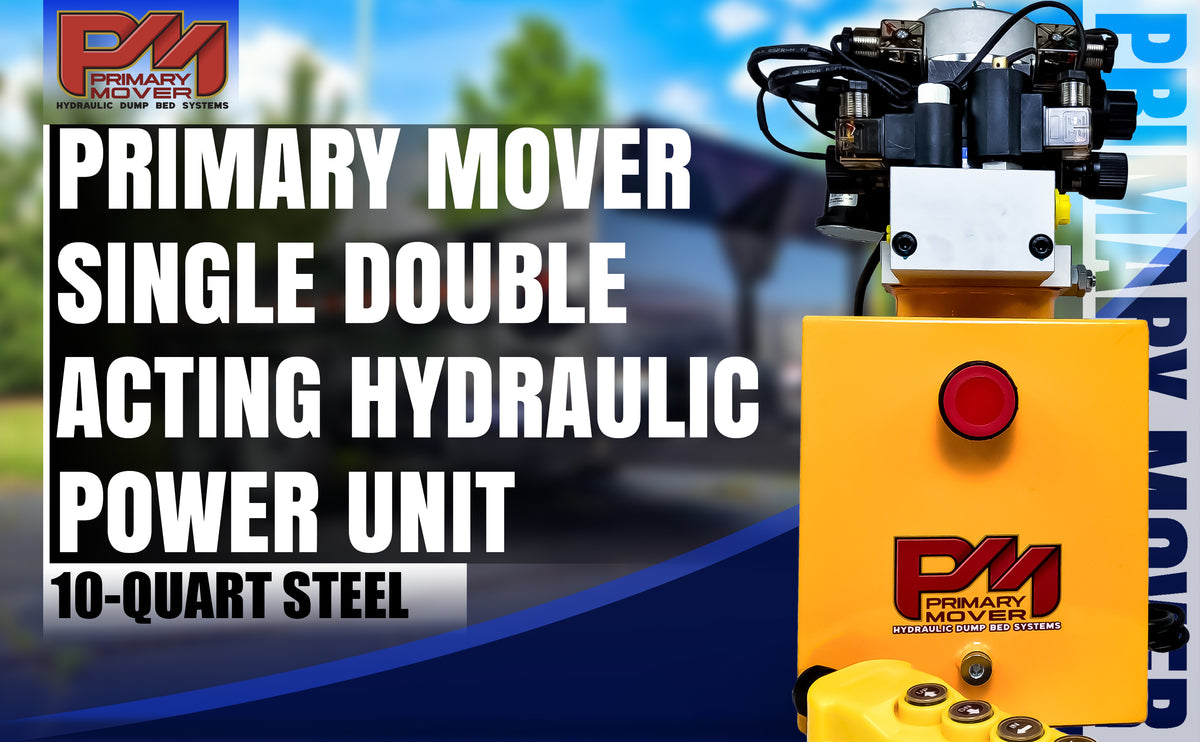 Primary Mover 12Vdc Single Double Pump featuring a yellow machine with red buttons, designed for both single-acting and dual-acting hydraulic applications.