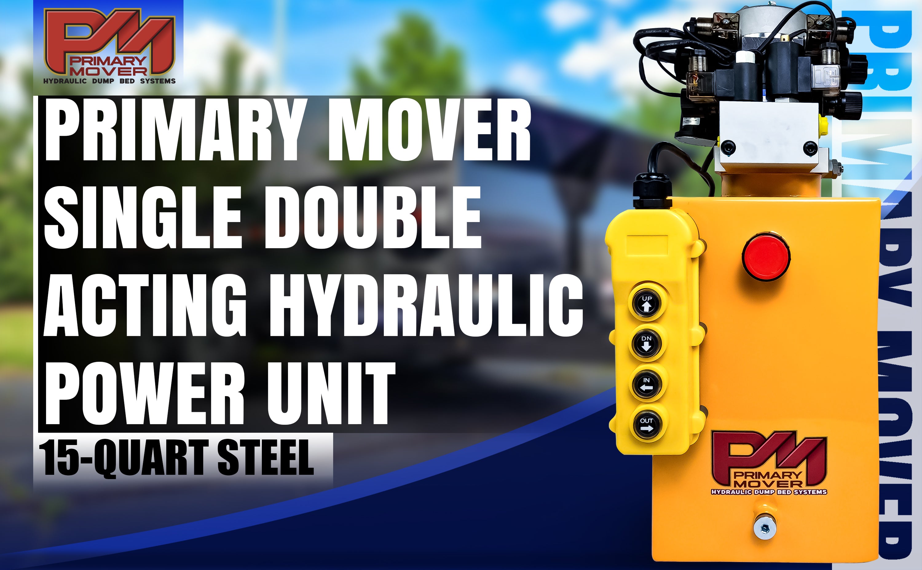 Primary Mover 12Vdc Single Double Pump with multiple buttons and a red emergency stop button, designed for versatile hydraulic applications.